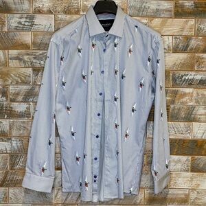MACEOO Blue & White “hiding pug” Striped Shirt. Size-XXL (6).  Great condition.